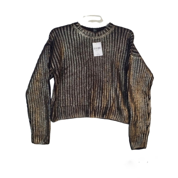 Crop Metallic Gold Black Cable Knit Sweater NWT Size L - Picture 2 of 16